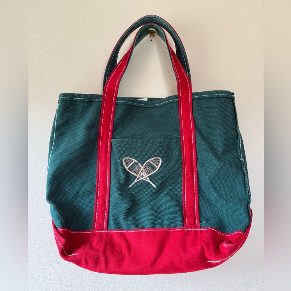 L.L. Bean Green and Red Canvas Tote with Snowshoe Embroidery